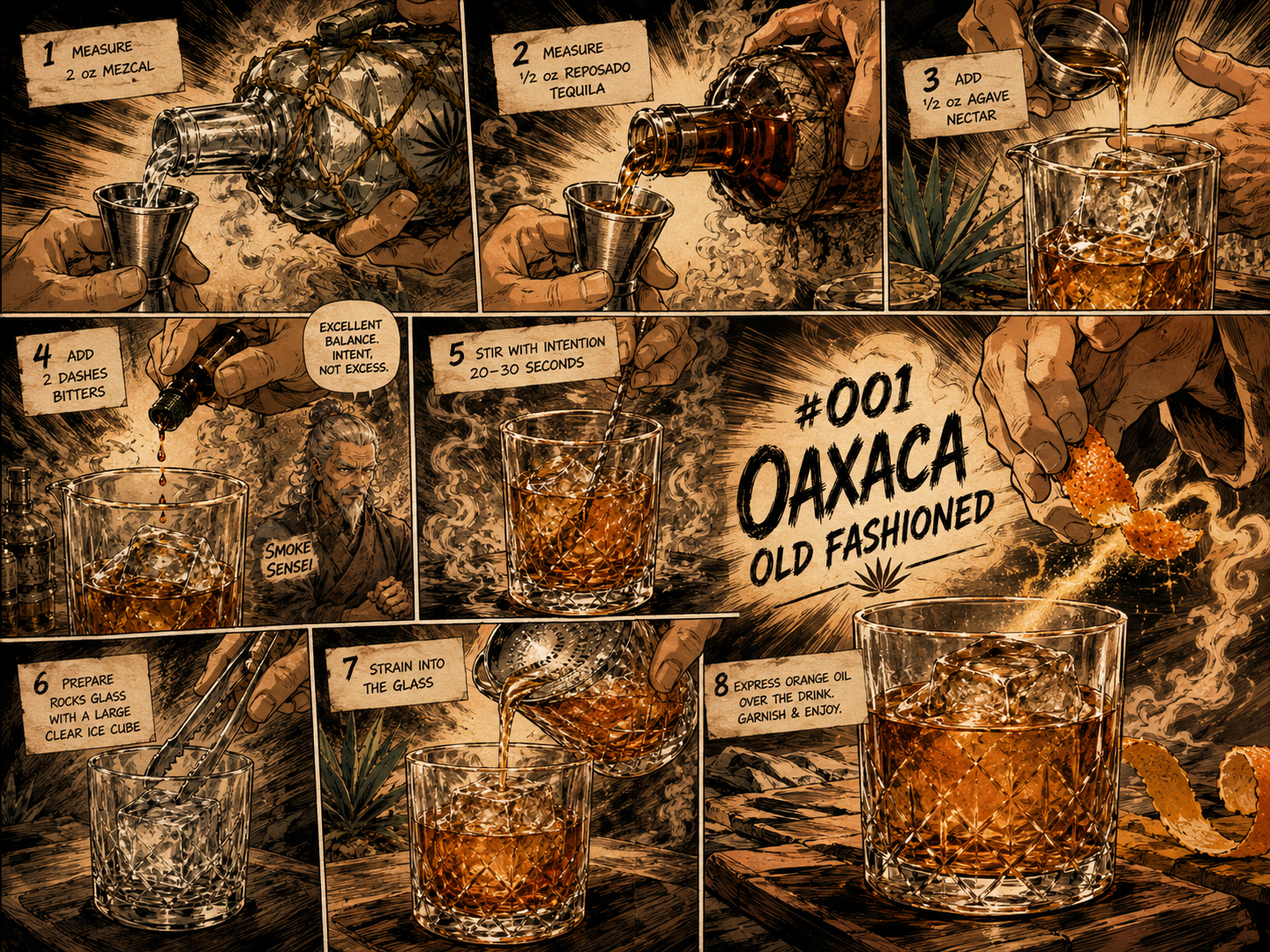 Manga-style step-by-step preparation panels for making an Oaxaca Old Fashioned.