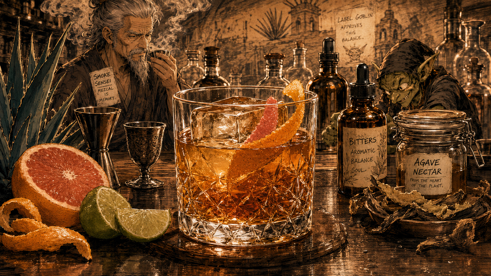 Manga-style hero image of an Oaxaca Old Fashioned with mezcal ingredients, Smoke Sensei, and Label Goblin.