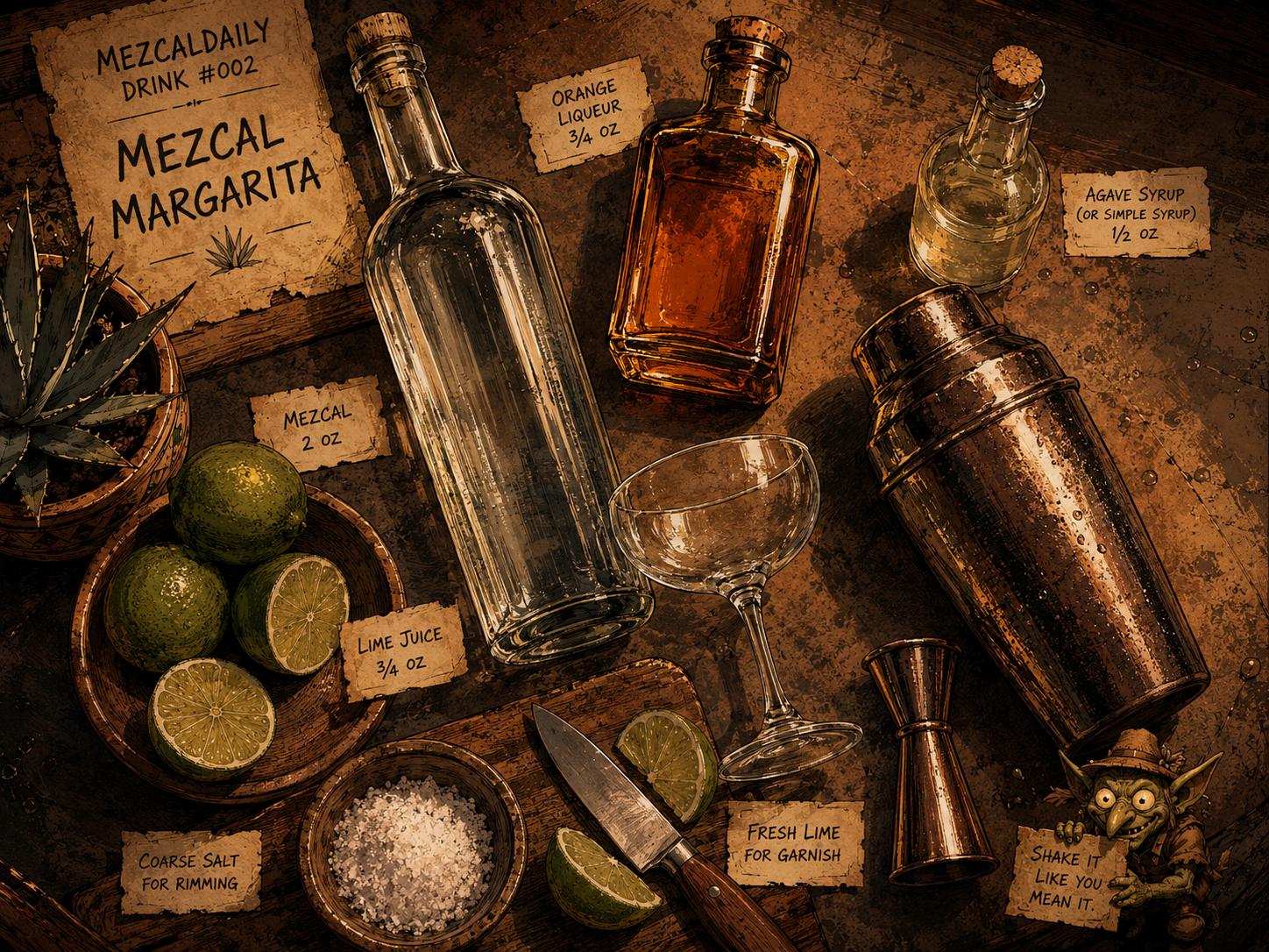 Ingredients for a Mezcal Margarita including mezcal, lime, orange liqueur, agave syrup, and salt.