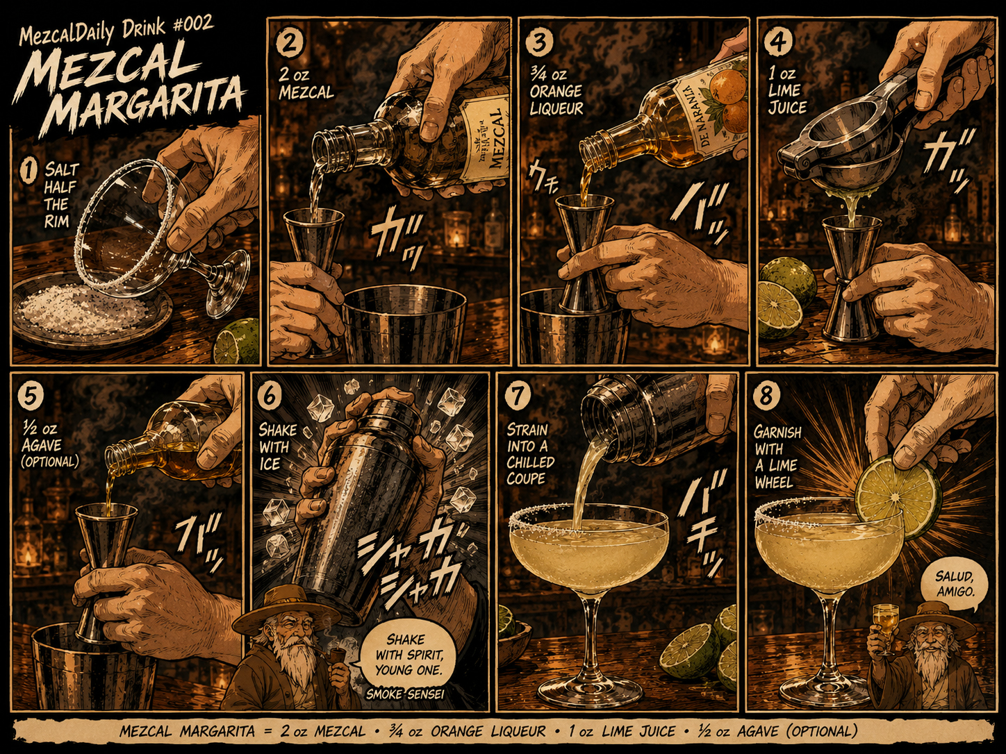Making a Mezcal Margarita by shaking mezcal, lime, orange liqueur, and ice.