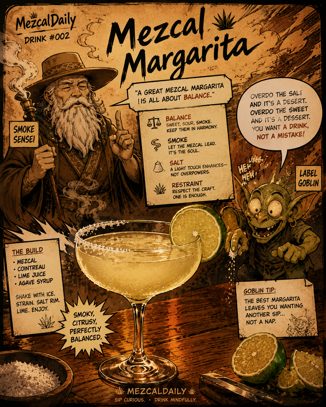 Manga characters offering advice beside a Mezcal Margarita.