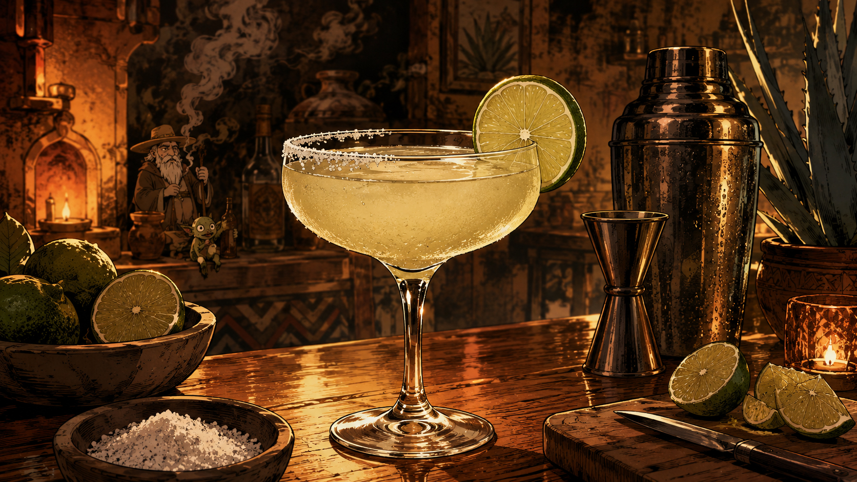 Manga-style Mezcal Margarita with lime, salt, orange liqueur, and agave smoke.