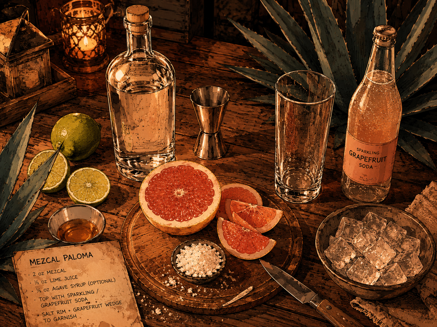Ingredient flat lay for the Mezcal Paloma with grapefruit, lime, soda, mezcal, jigger, and salt.