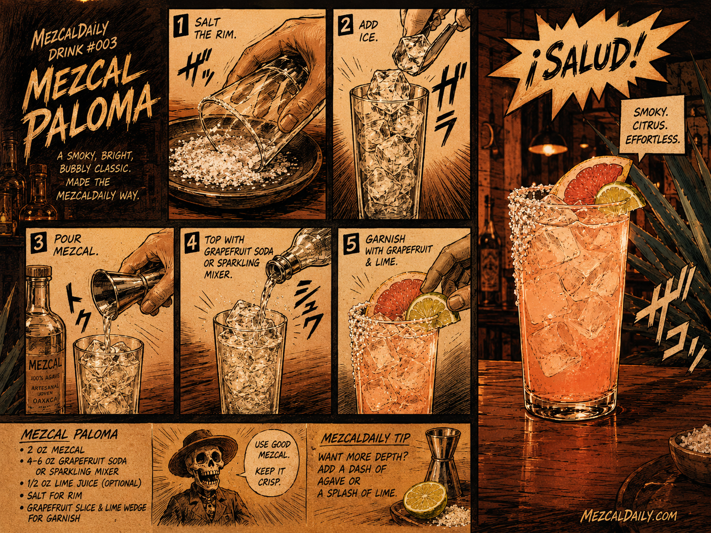 Comic-style preparation panel for making a Mezcal Paloma.