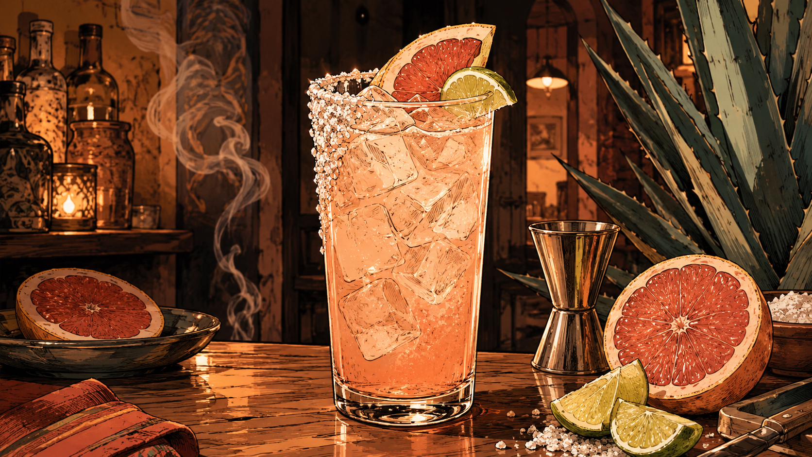 Hero image of a Mezcal Paloma in a tall glass with grapefruit and lime garnish.