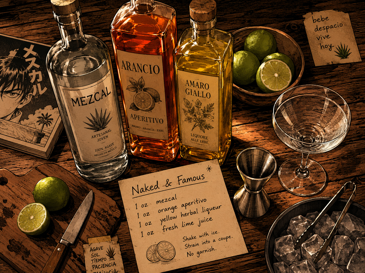 Ingredients flat lay for the Naked and Famous with mezcal, orange aperitivo, yellow herbal liqueur, lime, jigger, and coupe glass.