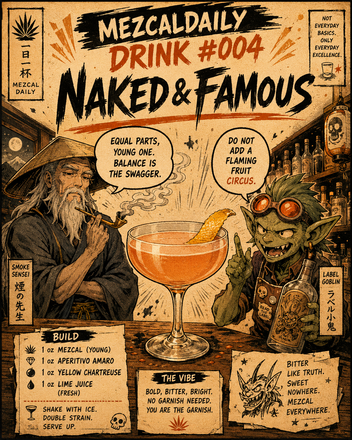 Manga note poster for the Naked and Famous with Smoke Sensei and the Label Goblin.