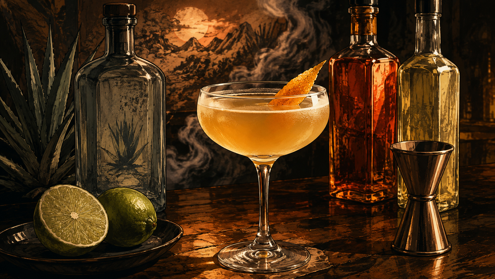 Hero image of the Naked and Famous cocktail in a coupe glass with moody illustrated bar styling.