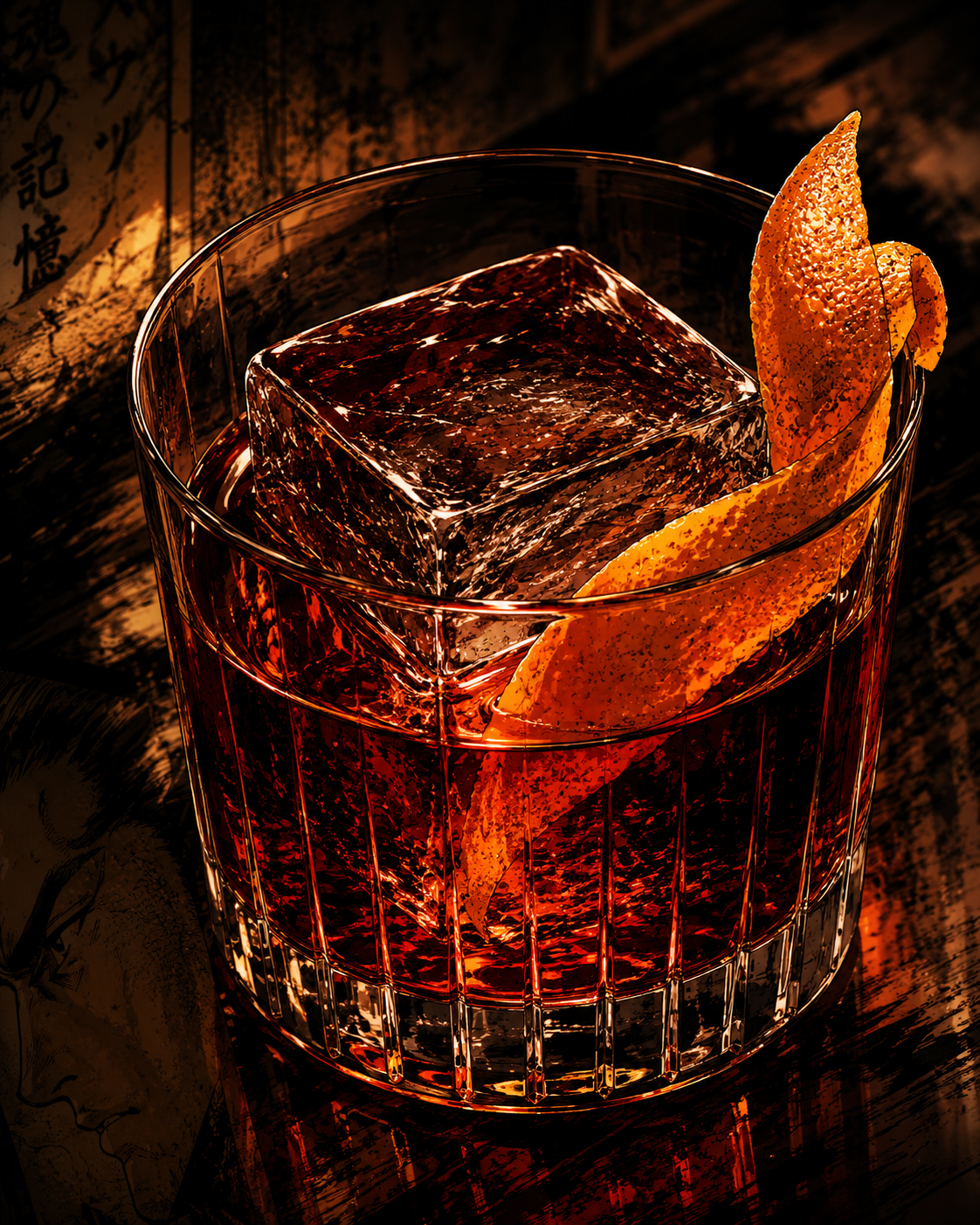 Close-up of the Mezcal Negroni with large cube and orange peel.