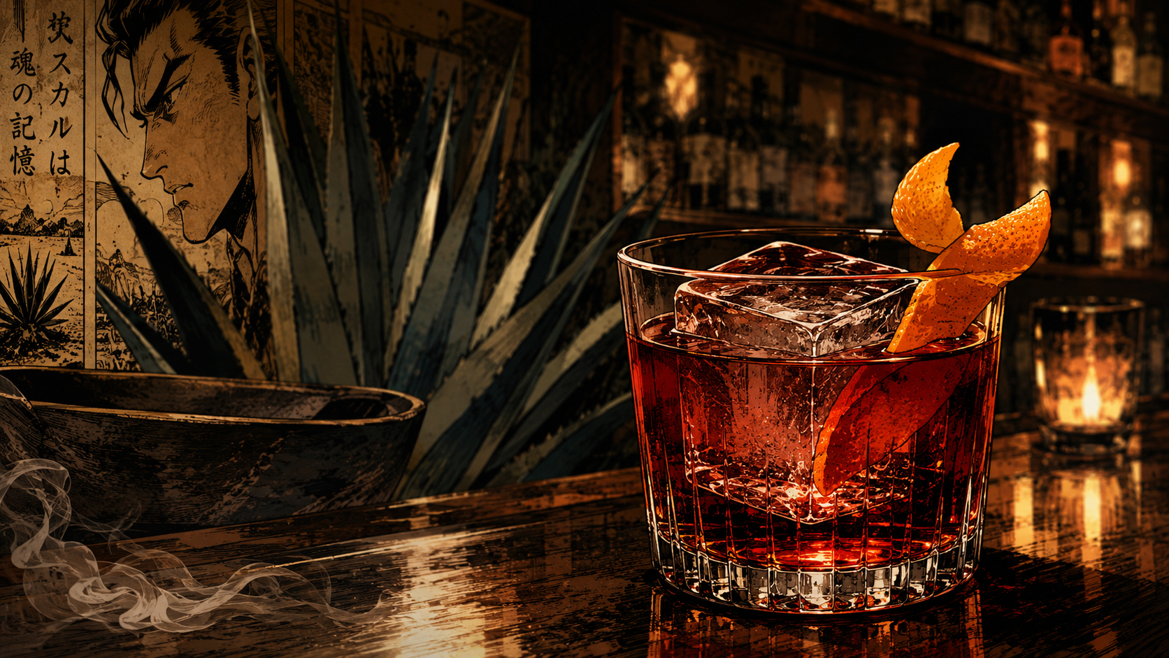 Hero image of a Mezcal Negroni in a rocks glass with large ice cube and orange peel.
