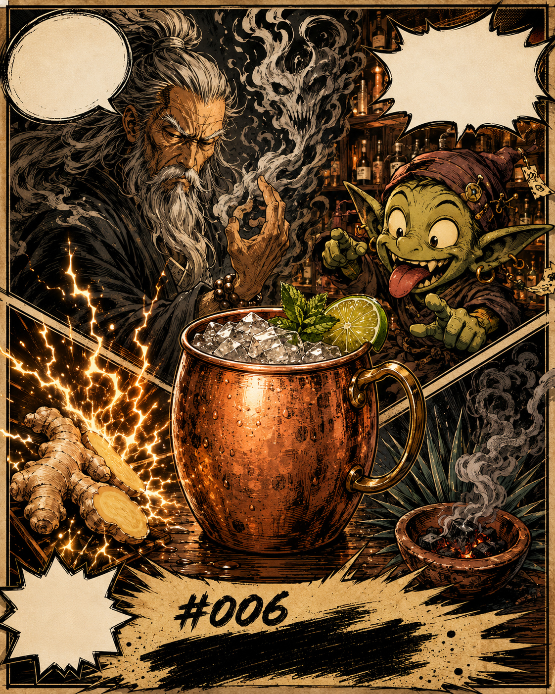Manga note poster for the Mezcal Mule with Smoke Sensei and the Label Goblin.