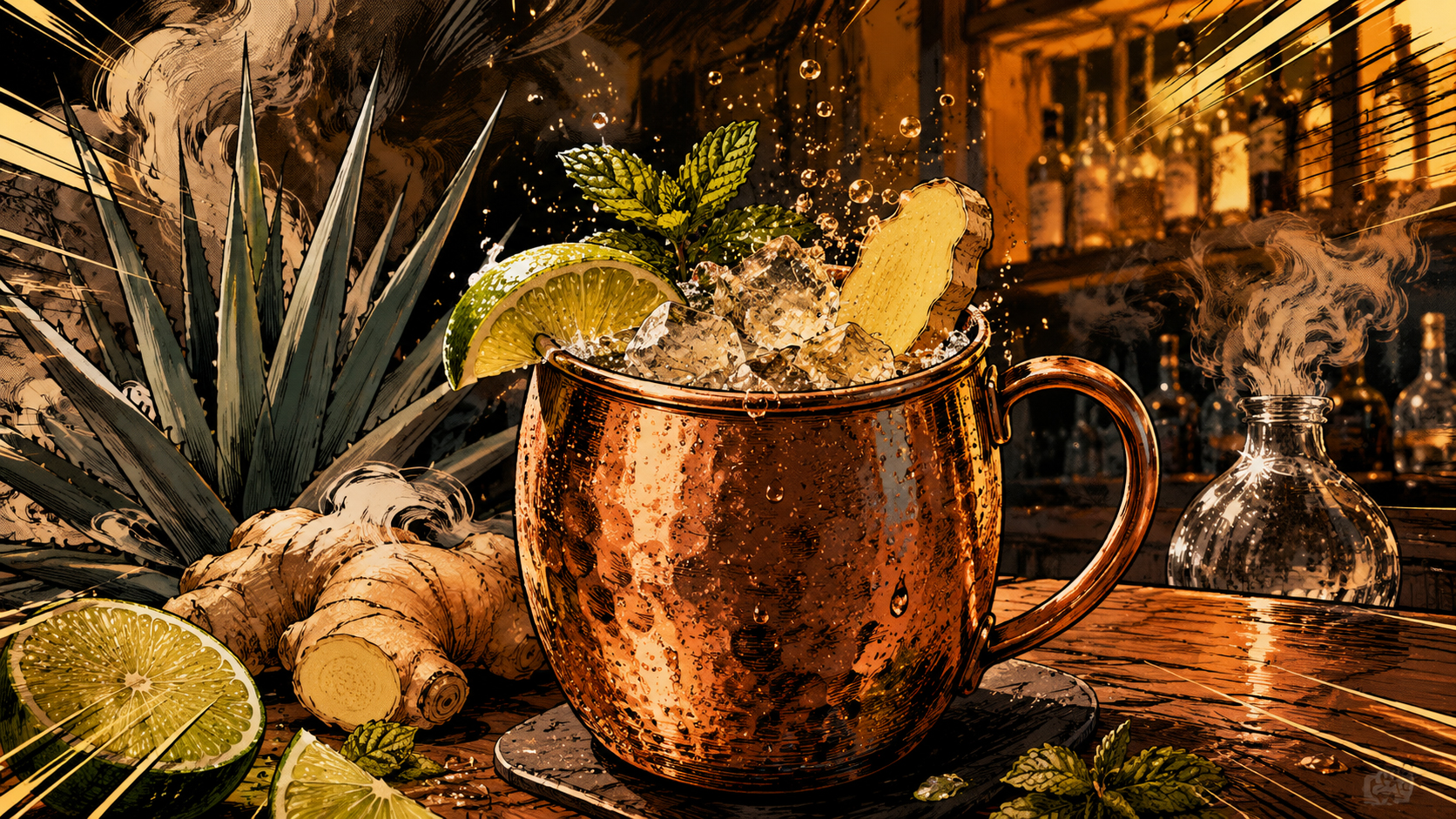 Hero image of a Mezcal Mule in a copper mug with lime, ginger, mint, and ice.