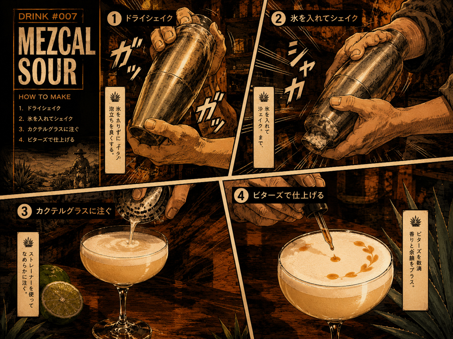 Comic-style making panel for the Mezcal Sour showing dry shake, ice shake, straining, and bitters finish.