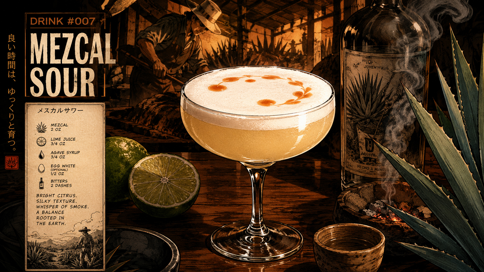 Hero image of a Mezcal Sour in a coupe glass with elegant foam and bitters.