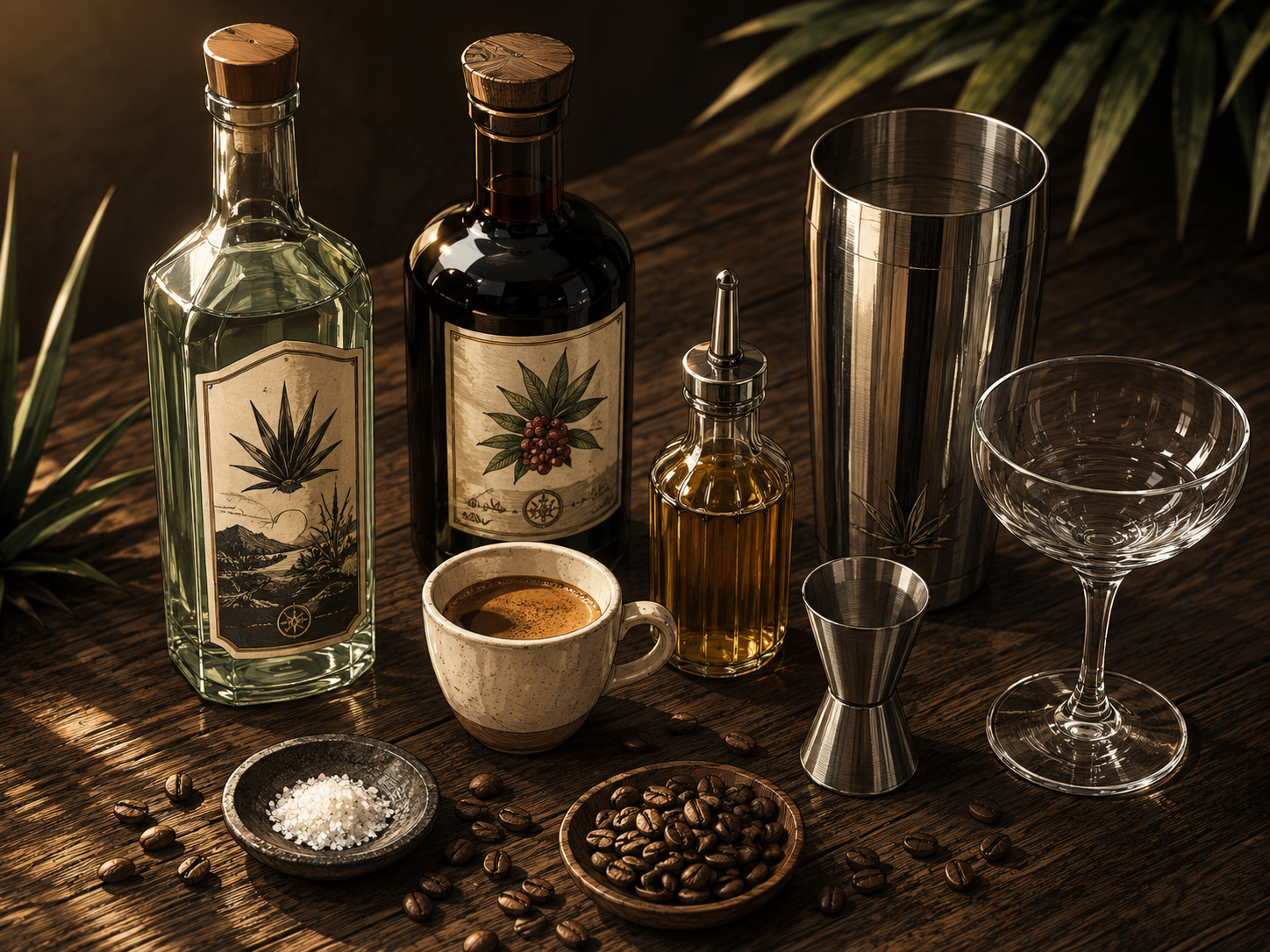 Ingredients flat lay for the Mezcal Espresso Martini with mezcal, espresso, coffee liqueur, agave syrup, salt, coffee beans, shaker, and coupe.