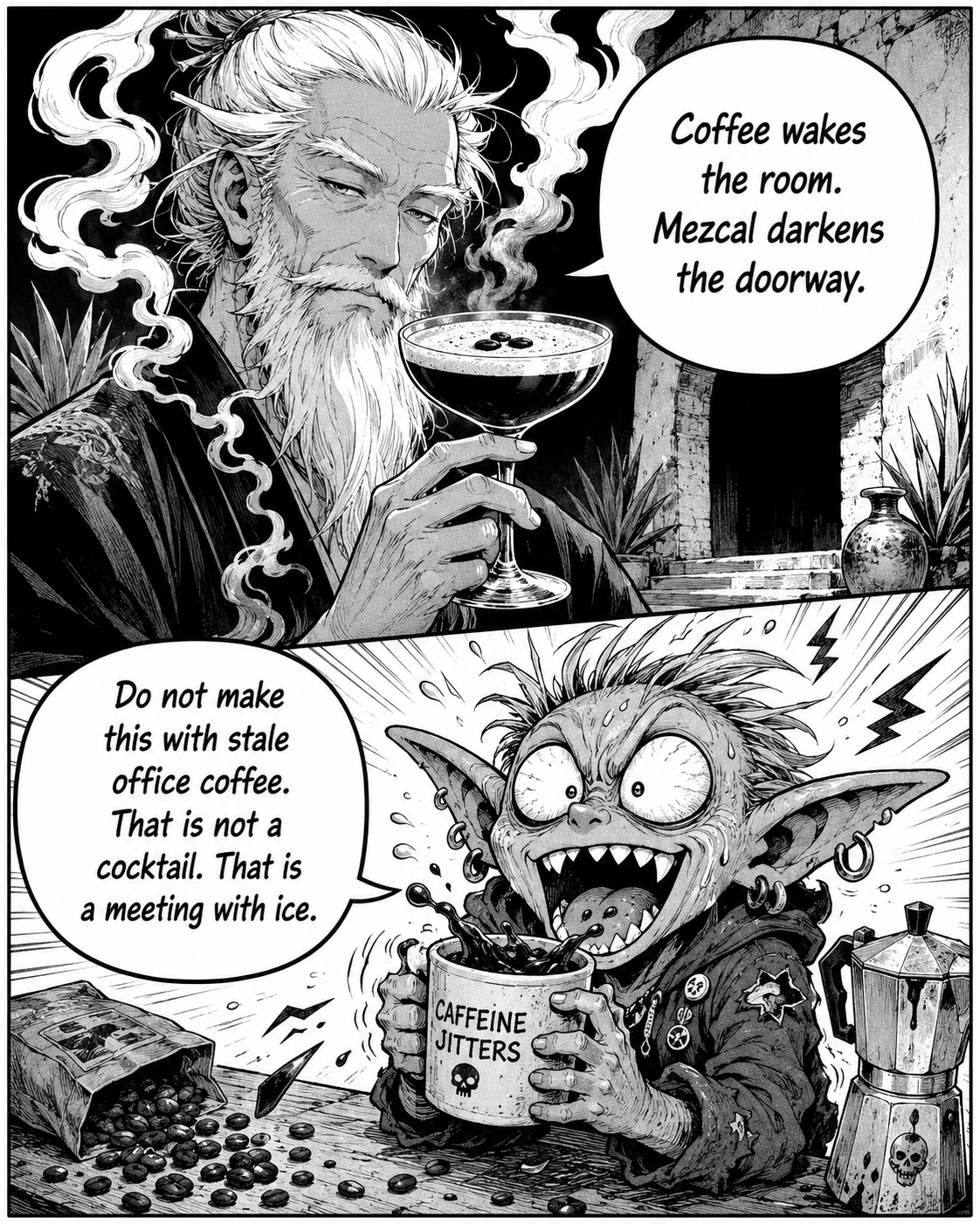 Manga note poster for the Mezcal Espresso Martini with Smoke Sensei and the Label Goblin.