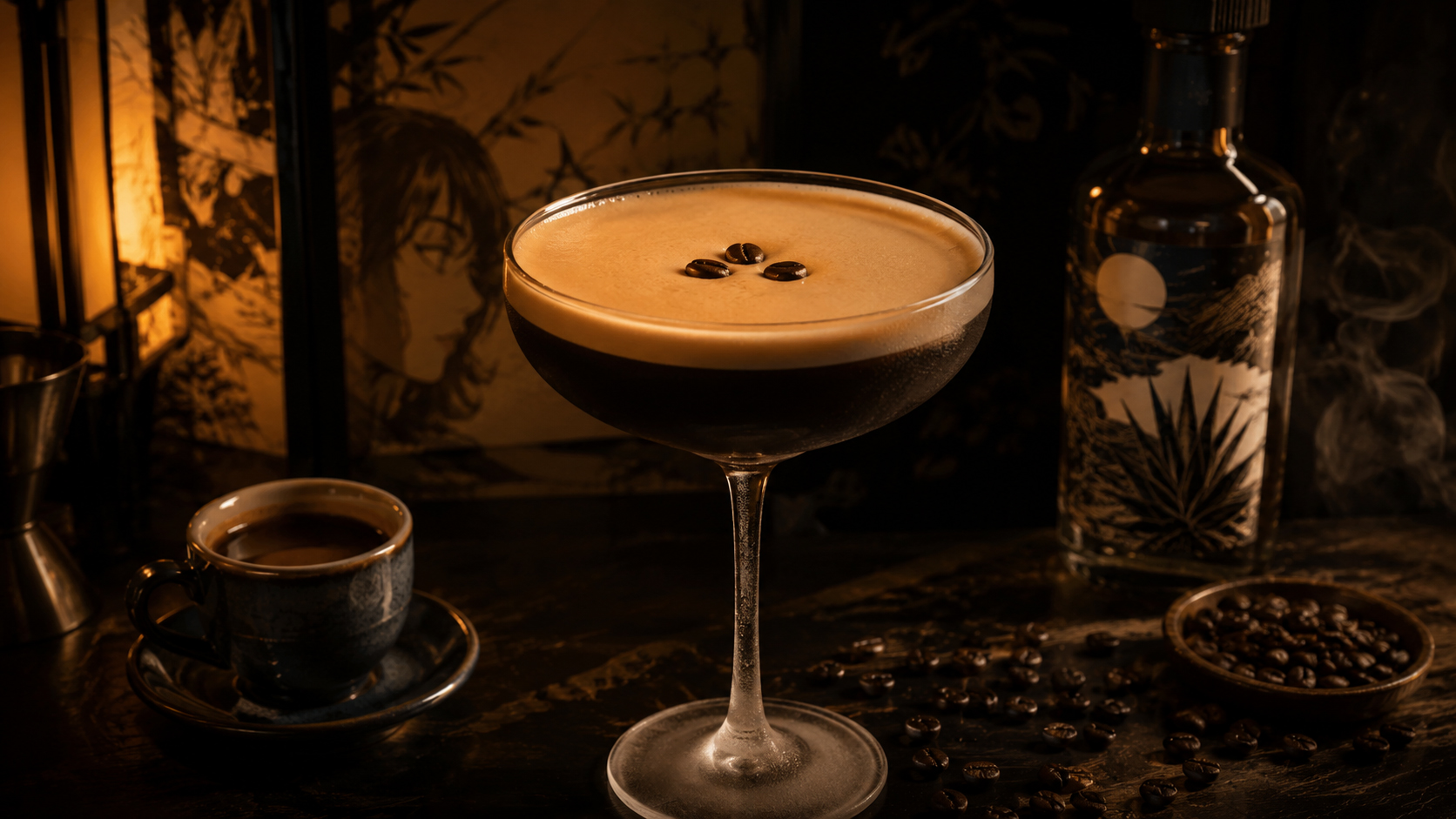 Hero image of a Mezcal Espresso Martini with coffee beans and smoky bar lighting.