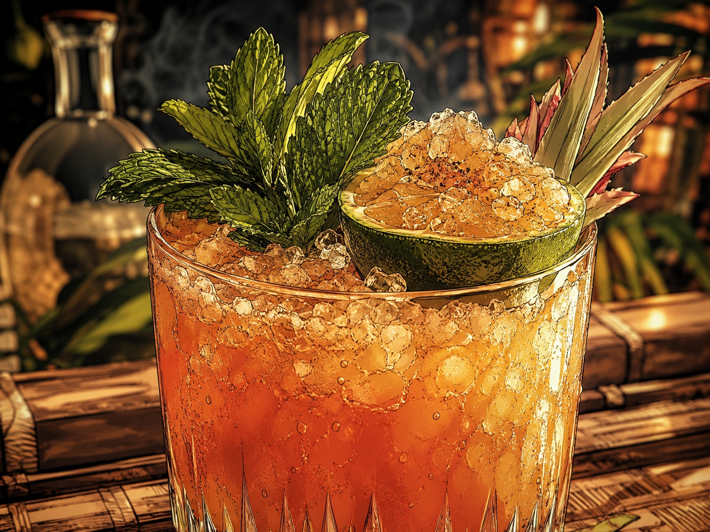 Close-up of the Mezcal Mai Tai with crushed ice, mint, lime shell, and tropical garnish.