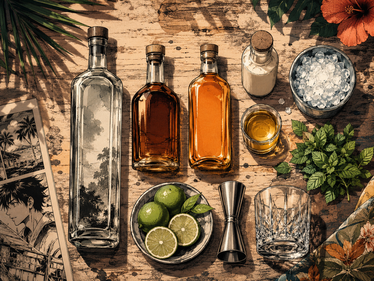 Ingredients flat lay for the Mezcal Mai Tai with mezcal, orange curaçao, orgeat, lime, mint, crushed ice, and glassware.