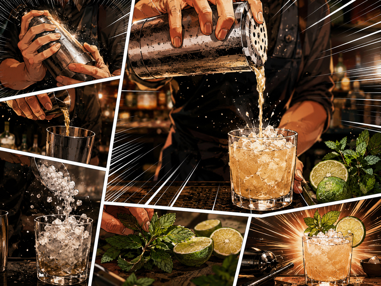 Comic-style making panel for the Mezcal Mai Tai showing shaking and crushed ice service.