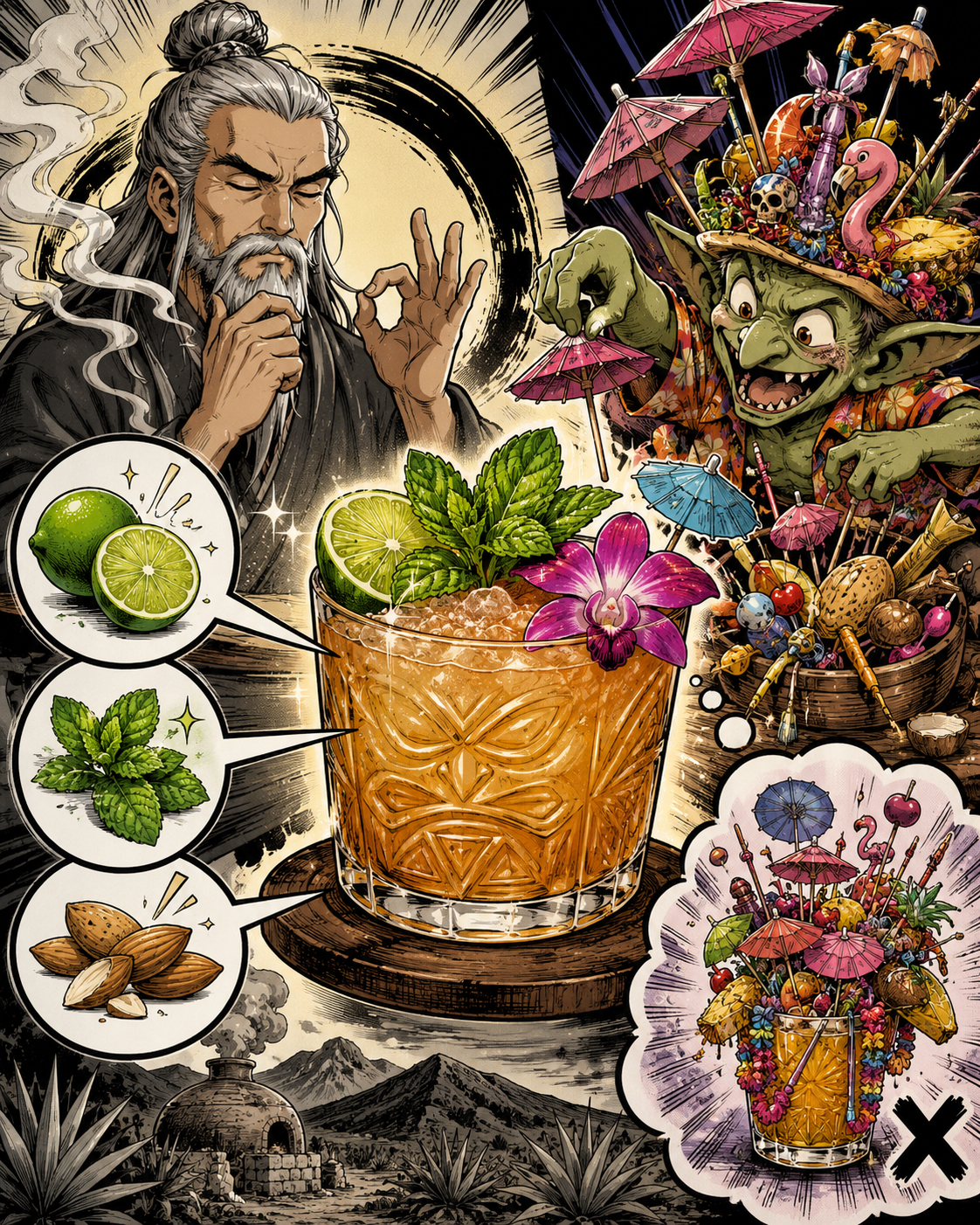 Manga note poster for the Mezcal Mai Tai with Smoke Sensei and Label Goblin umbrella chaos.