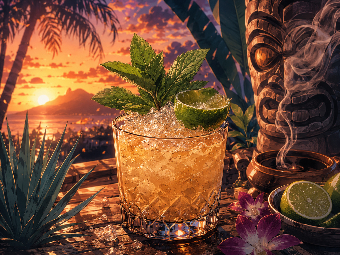 Hero image of a Mezcal Mai Tai with crushed ice, mint, lime shell, tropical sunset, and agave.