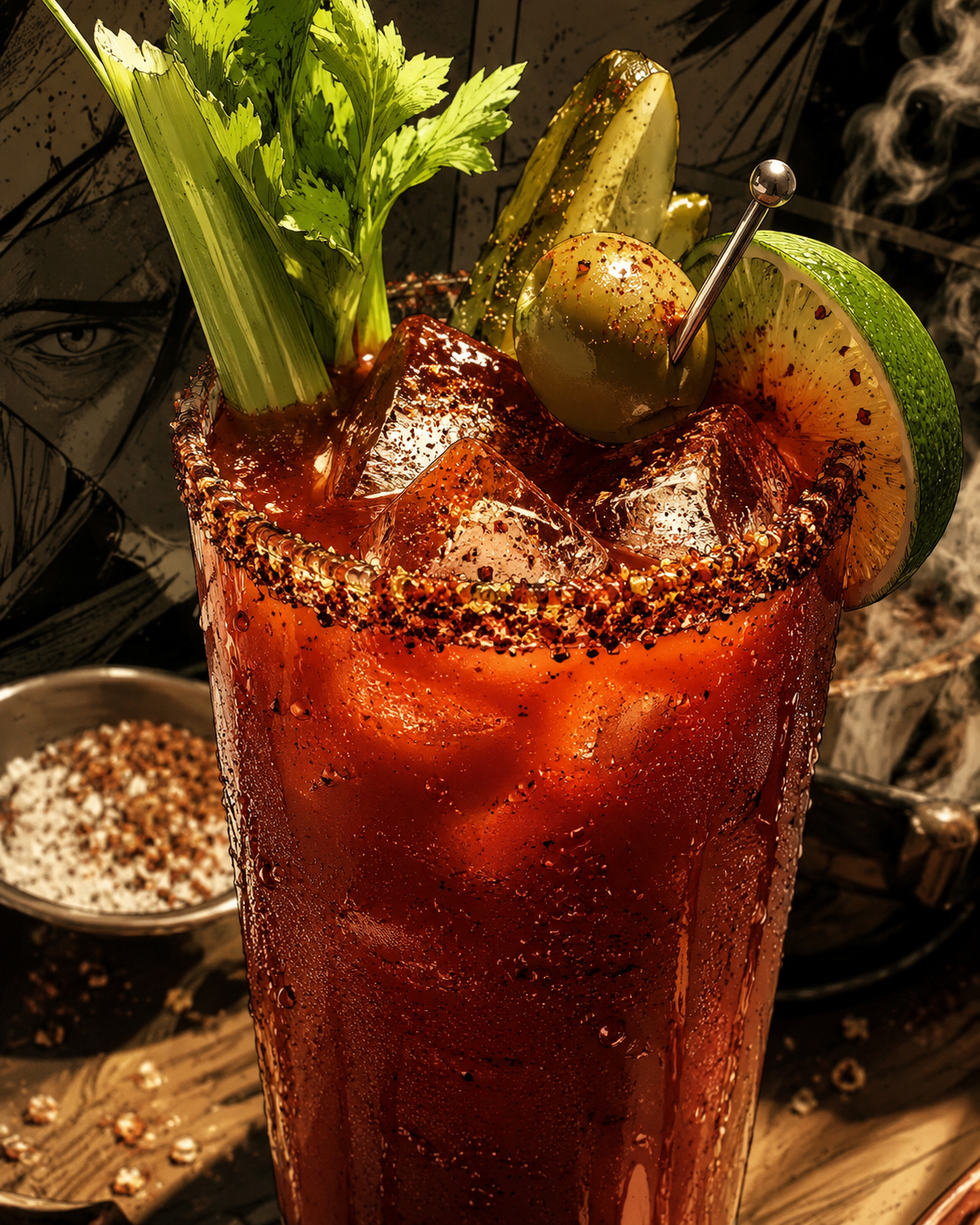 Close-up of the Mezcal Bloody Maria with chile rim, celery, olive, pickle, lime, and tomato drink.