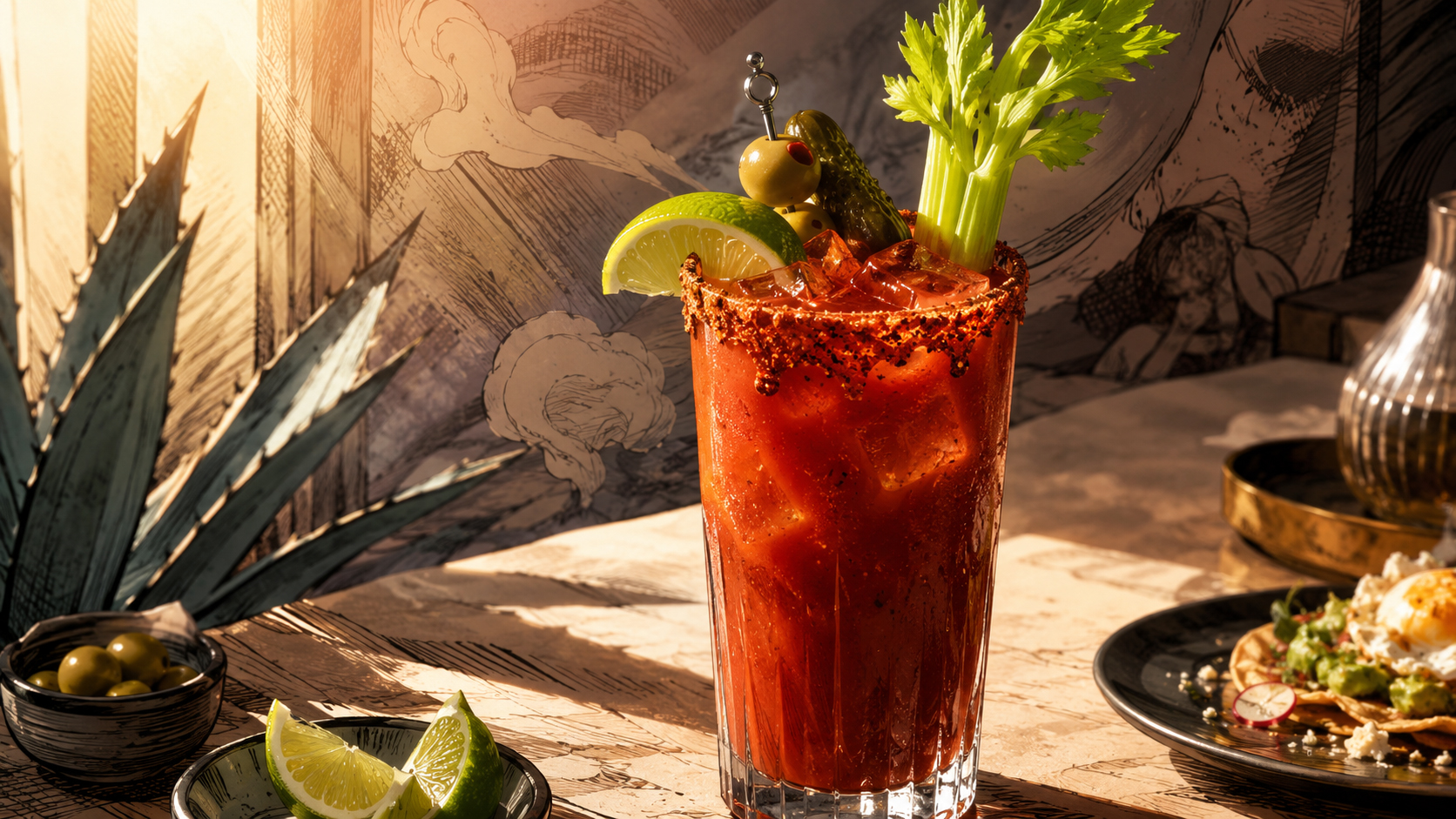 Hero image of a Mezcal Bloody Maria with chile rim, celery, olive, pickle, lime, tomato drink, and agave smoke.