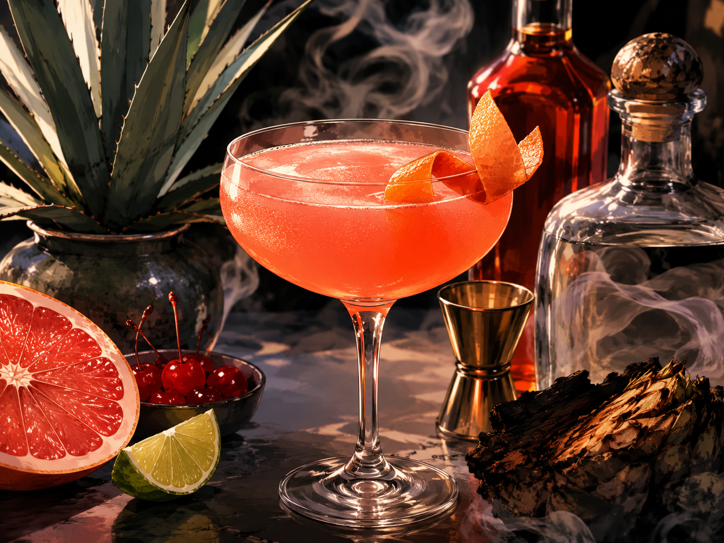 Hero image of the Division Bell cocktail in a coupe with grapefruit twist, mezcal, Aperol, lime, and smoke.