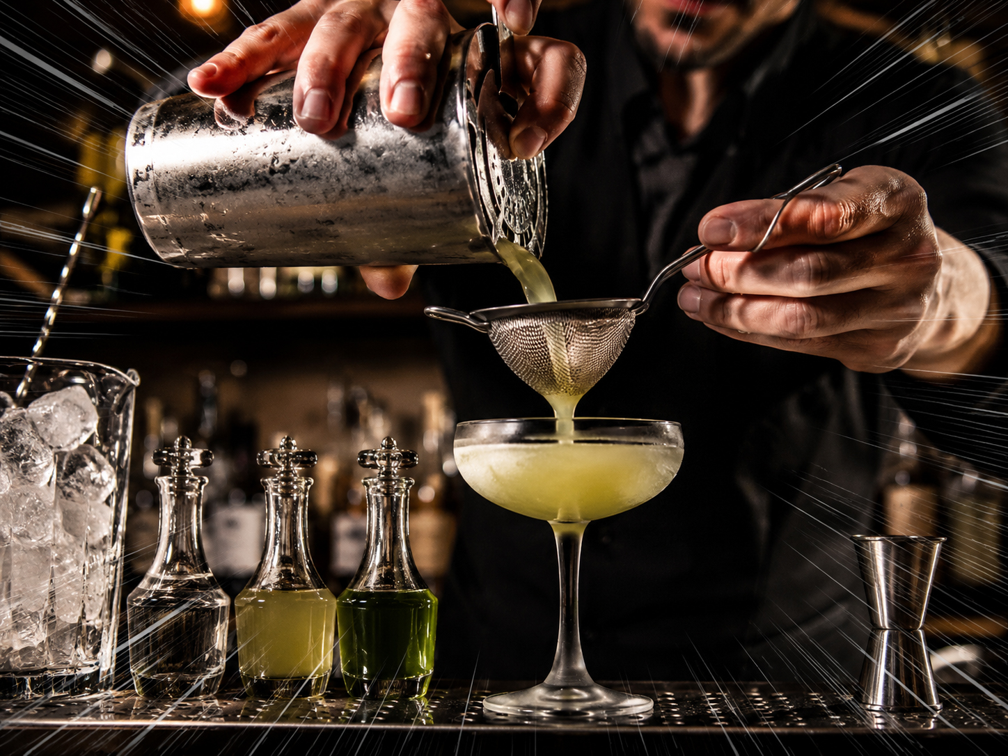 Action image of the Mezcal Last Word being fine strained into a coupe.