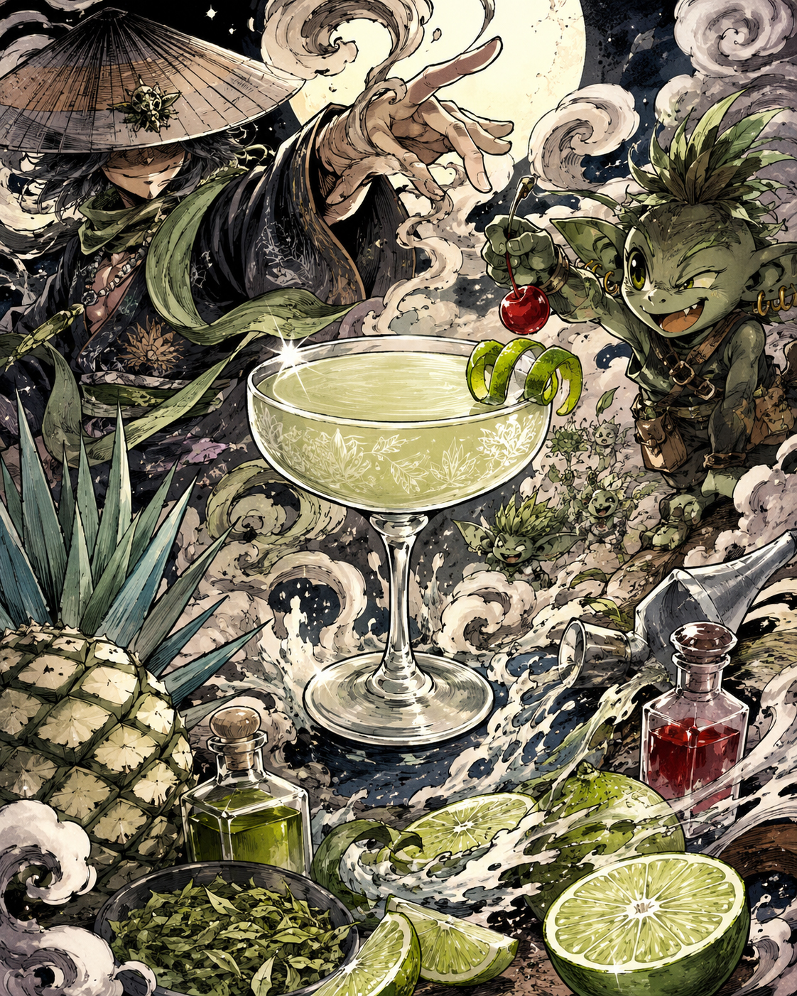 Manga note poster for the Mezcal Last Word with Smoke Sensei and the Label Goblin.