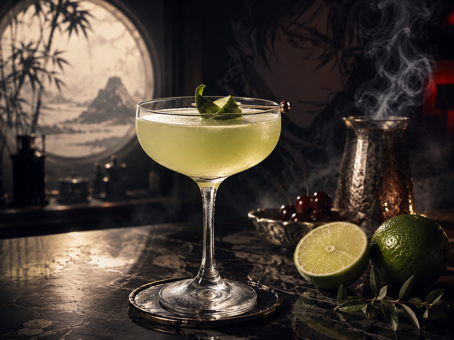 Hero image of the Mezcal Last Word cocktail in a coupe with lime twist, green herbal glow, maraschino cherries, and smoke.
