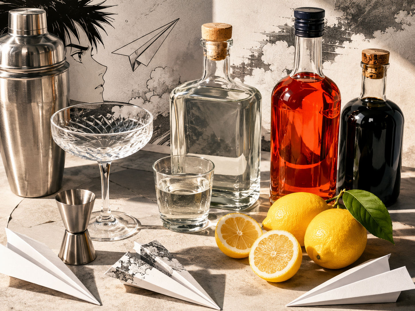Ingredients and tools for the Mezcal Paper Plane with mezcal, orange aperitivo, amaro, lemon, coupe glass, shaker, and paper airplanes.