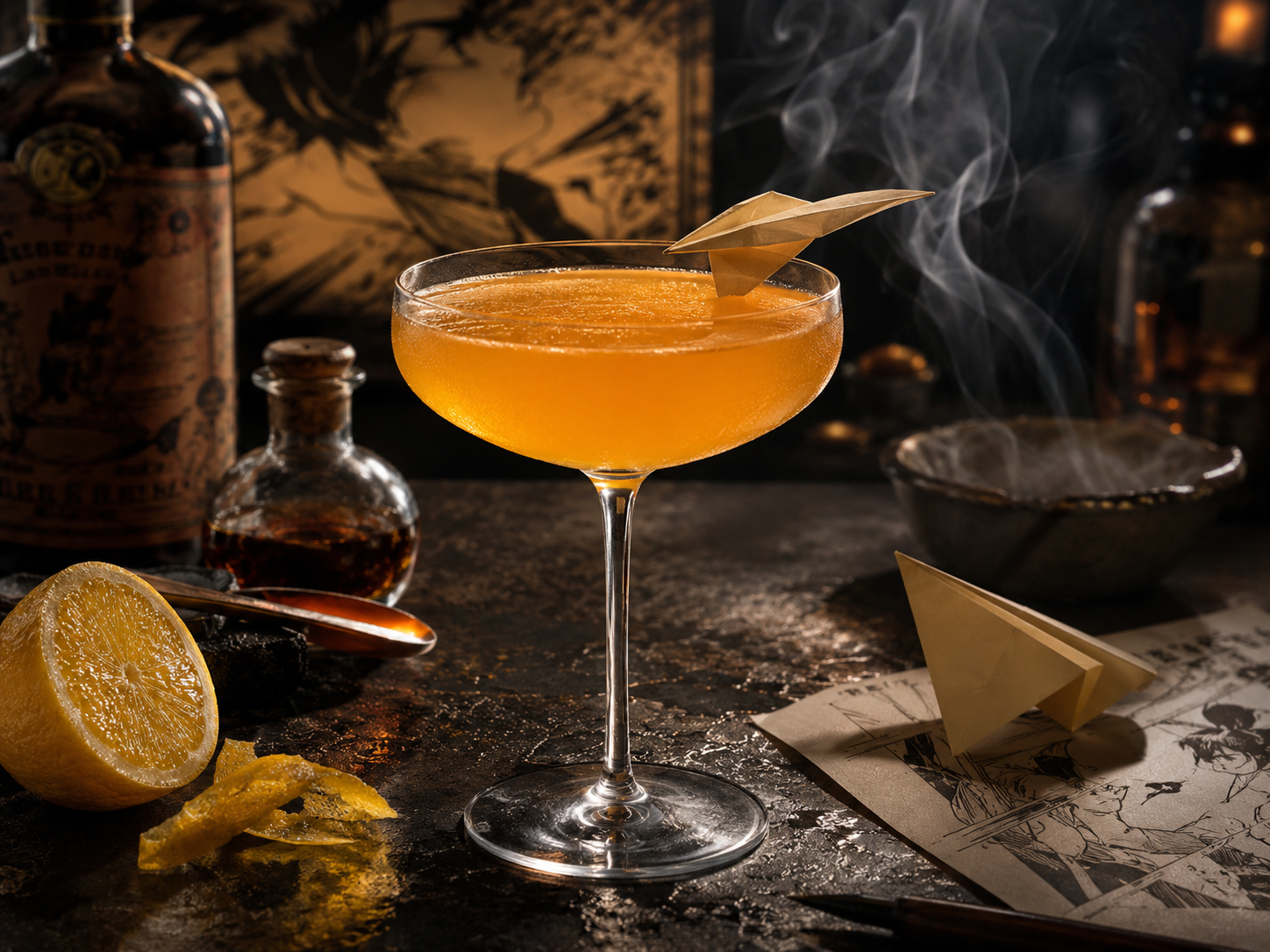Hero image of the Mezcal Paper Plane in a coupe with bittersweet orange tone, paper airplane motif, and smoky bar setting.