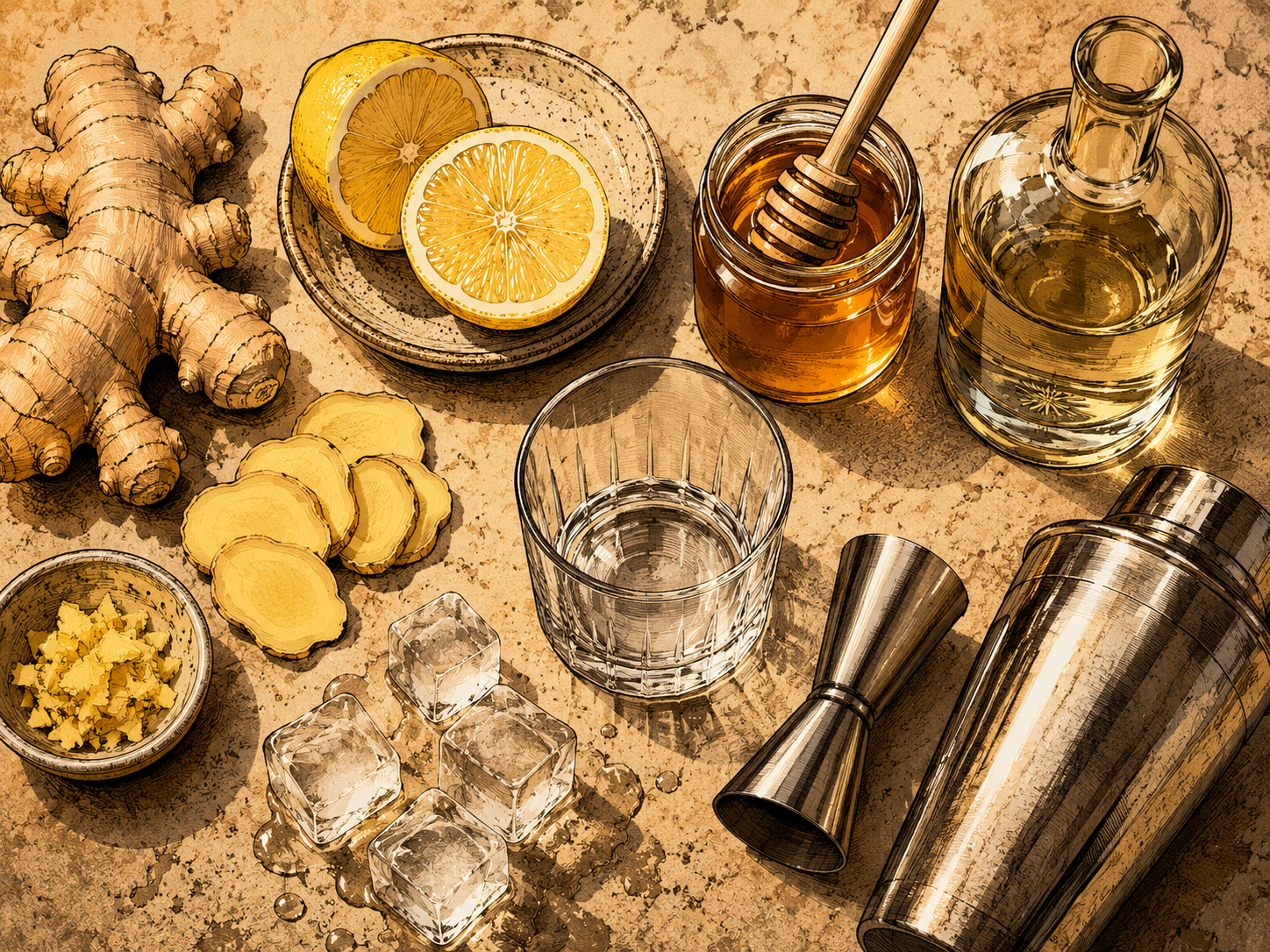 Ingredients and tools for the Mezcal Penicillin with ginger, lemon, honey, mezcal, shaker, rocks glass, and ice.