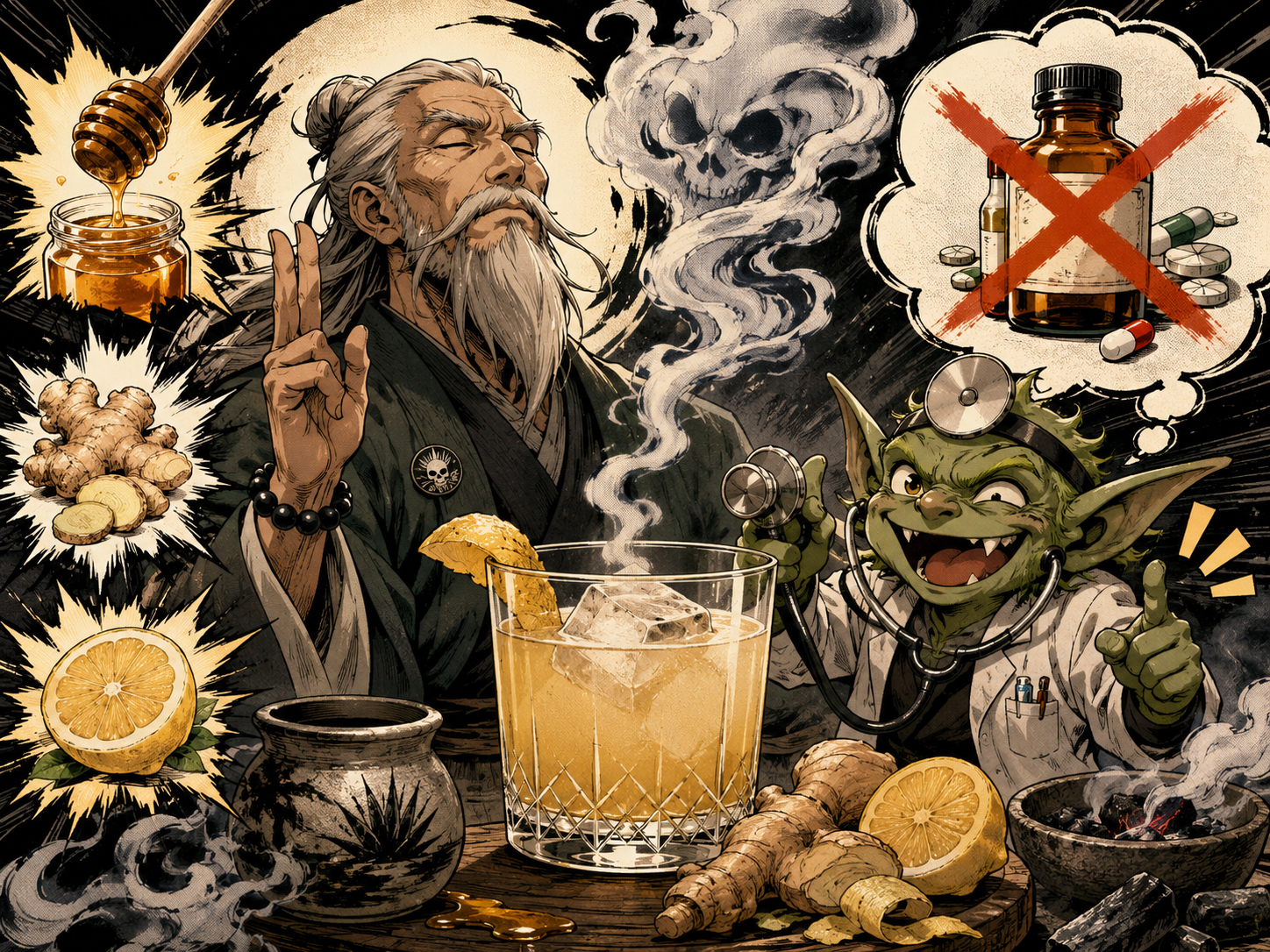 Manga-style Mezcal Penicillin poster with Smoke Sensei and Label Goblin warning against confusing cocktails with medicine.