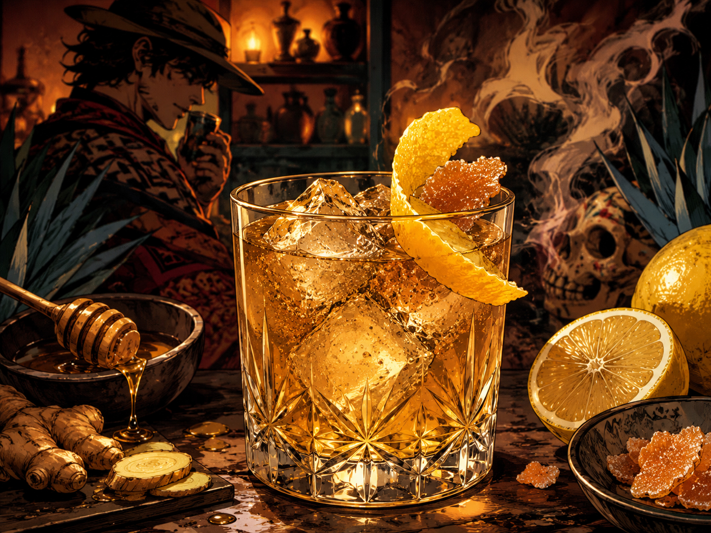 Drink #014 Mezcal Penicillin in a rocks glass with honey, ginger, lemon, smoke, and warm manga-style bar lighting.