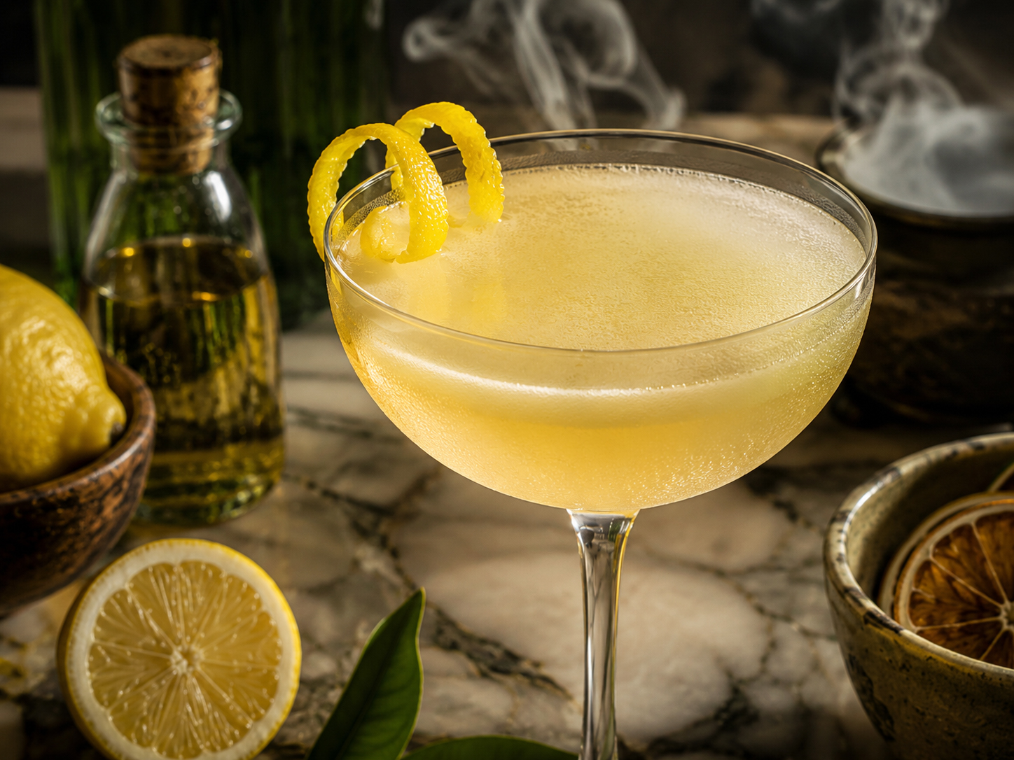 Close-up of the Mezcal Corpse Reviver No. 2 with lemon twist, pale yellow drink, and smoky background.