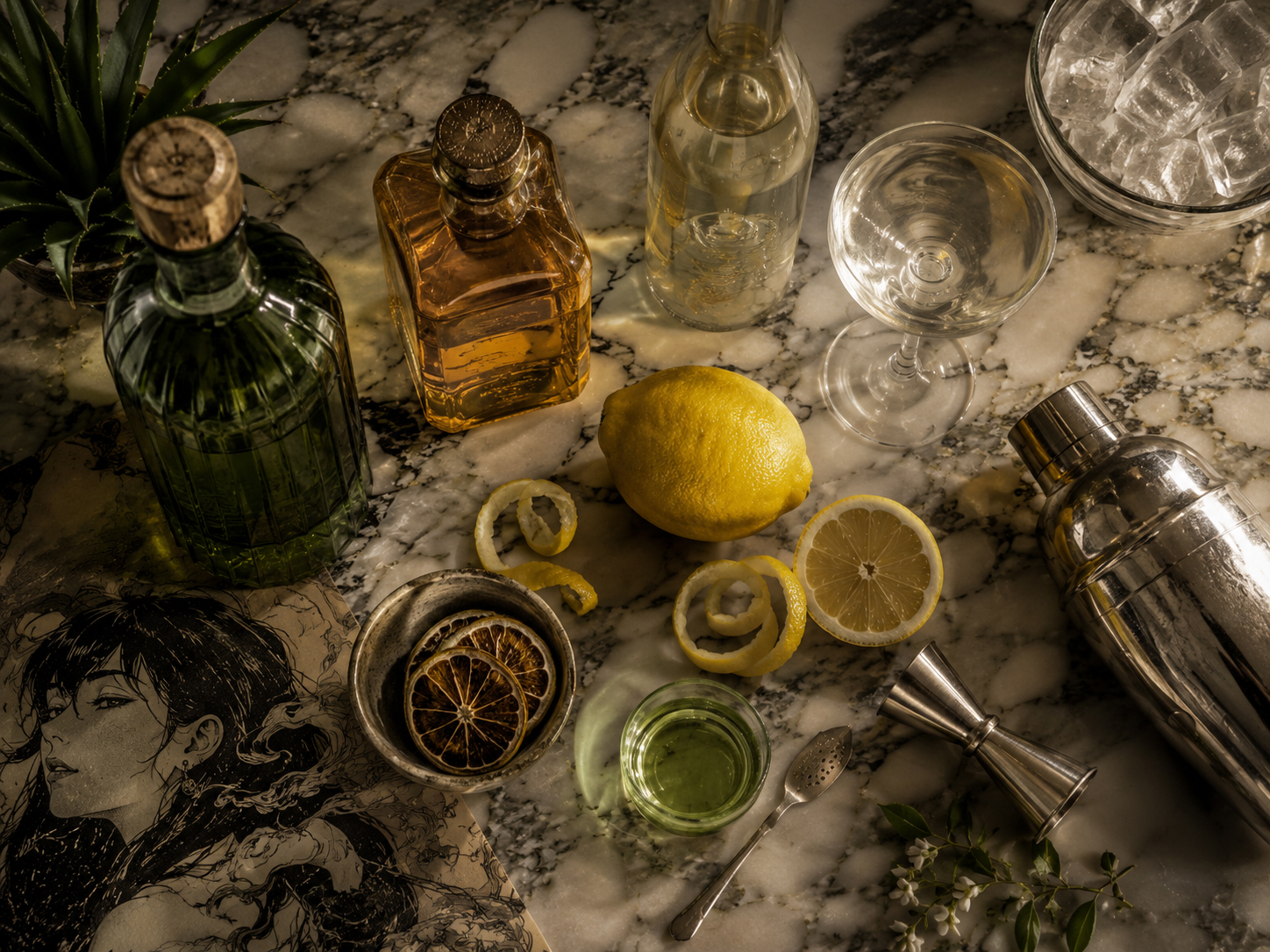 Ingredients and tools for the Mezcal Corpse Reviver No. 2 with mezcal, orange liqueur, aromatized wine, lemon, absinthe, shaker, coupe, and ice.