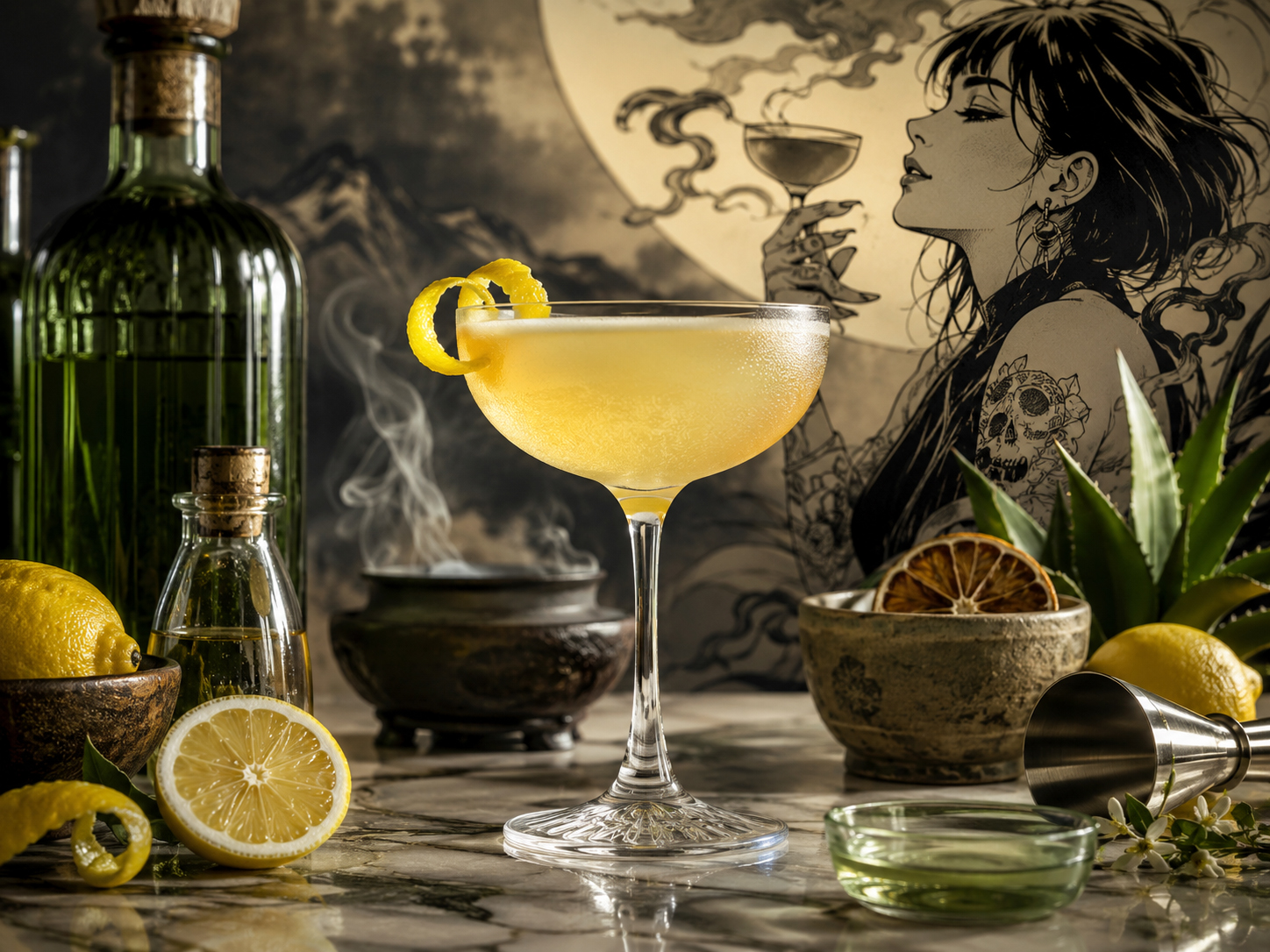 Drink #015 Mezcal Corpse Reviver No. 2 in a coupe with lemon, absinthe bottle, green glow, smoke, and manga-style atmosphere.