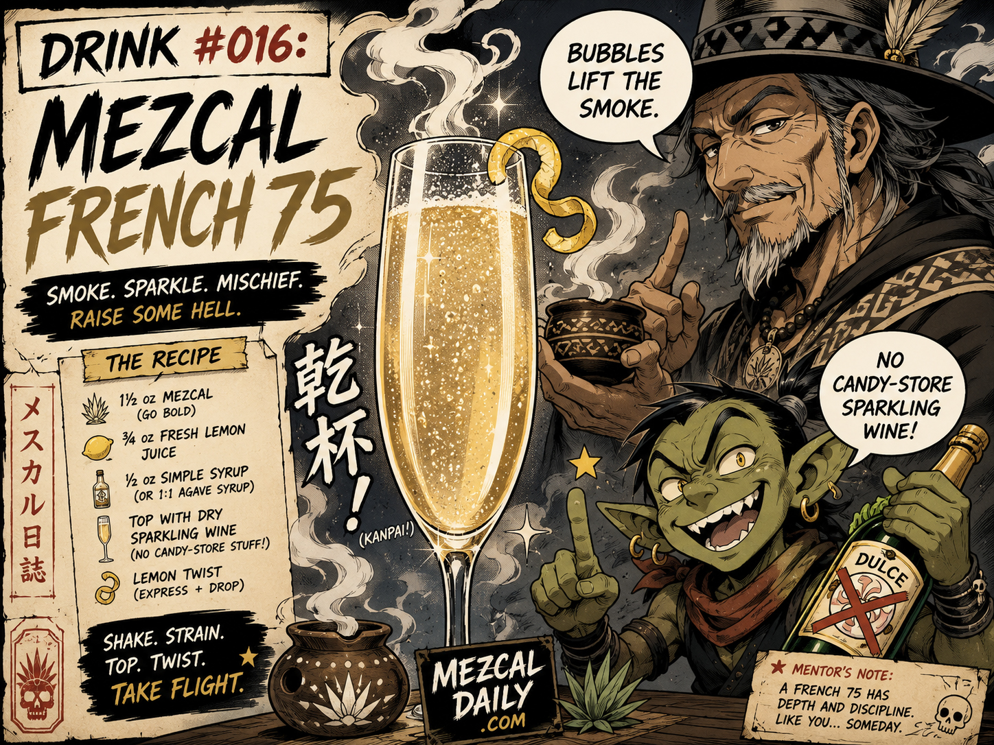 Manga-style Mezcal French 75 poster with Smoke Sensei, Label Goblin, sparkling wine, bubbles, and cocktail warning.
