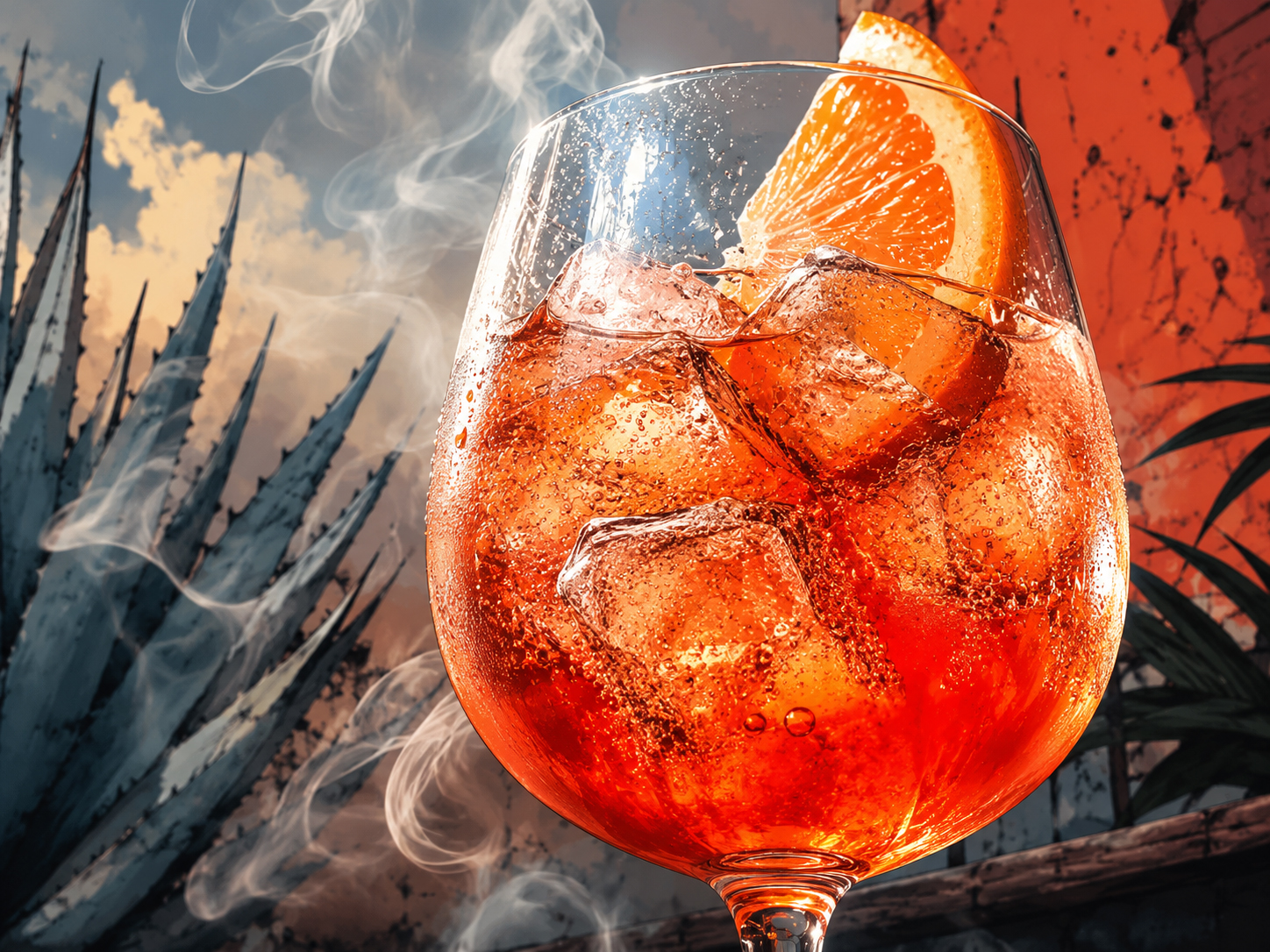 Close-up of the Mezcal Spritz with orange slice, ice, bubbles, bright red-orange color, and agave smoke.