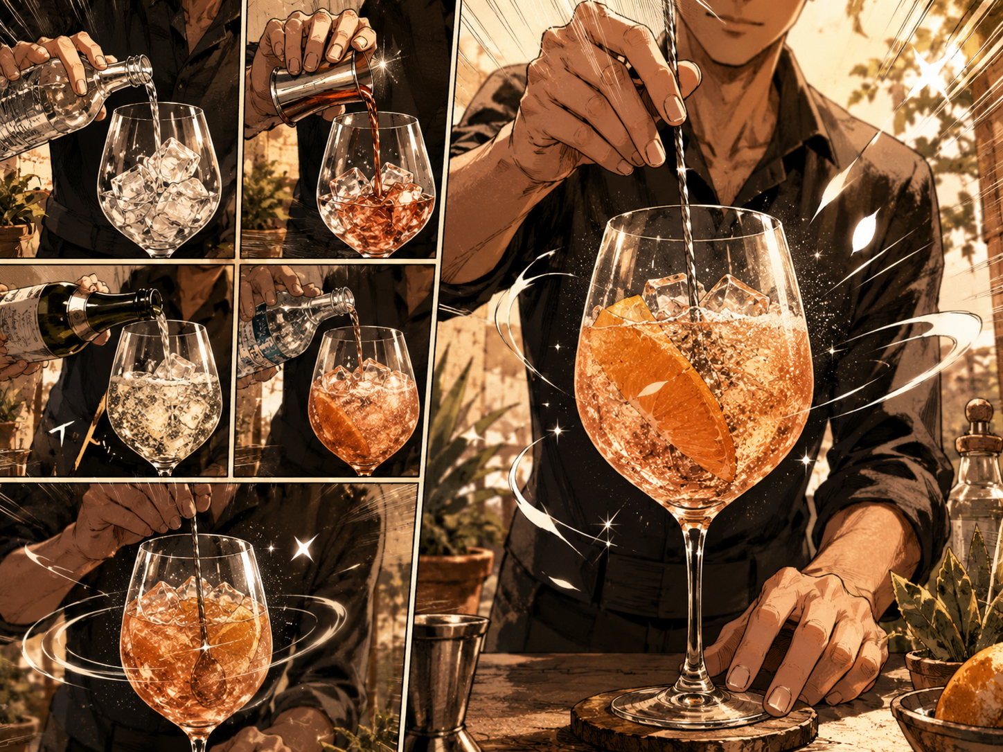 Making panel for the Mezcal Spritz showing building over ice, adding aperitivo, sparkling wine, soda, and orange garnish.