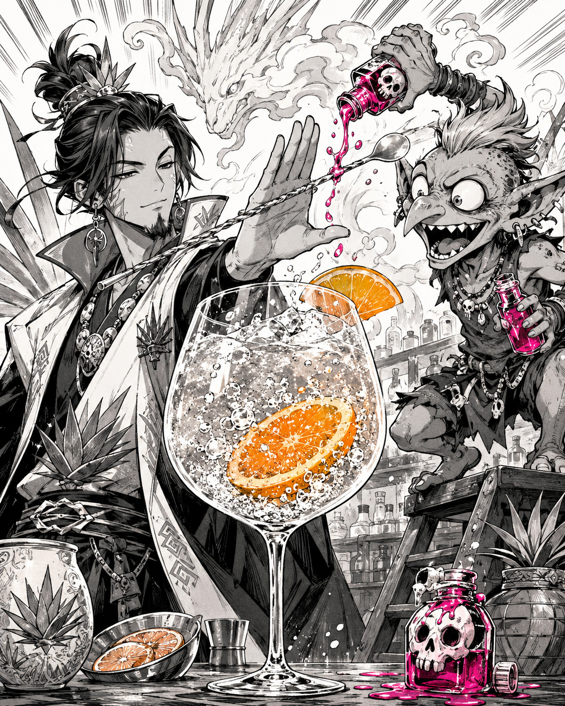 Manga-style Mezcal Spritz poster with Smoke Sensei blocking Label Goblin from adding neon orange soda.
