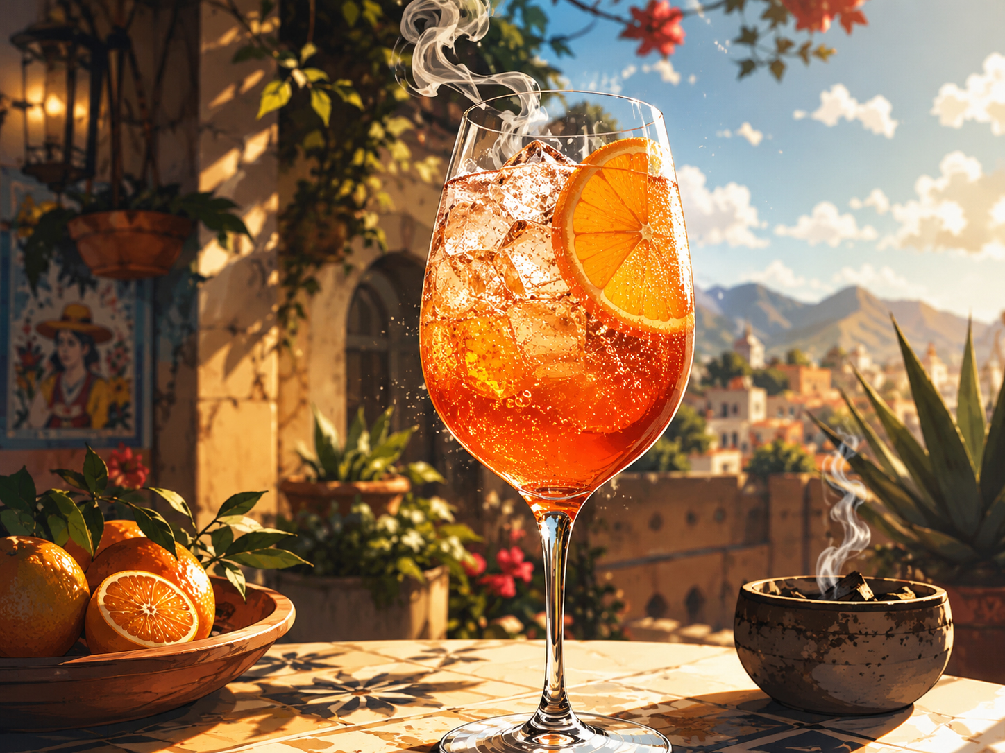 Drink #017 Mezcal Spritz in a large wine glass with orange slice, ice, bubbles, sunlight, agave leaves, and smoke.