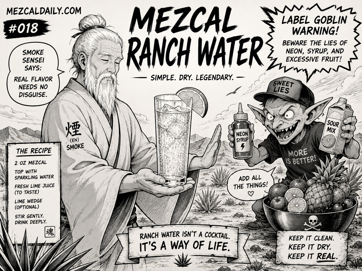 Manga-style Mezcal Ranch Water poster with Smoke Sensei blocking Label Goblin from adding neon syrup and sour mix.