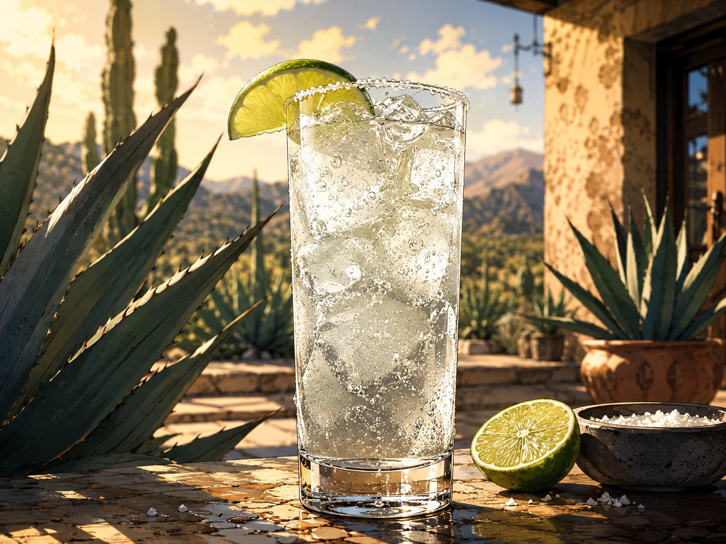 Drink #018 Mezcal Ranch Water in a tall highball glass with ice, lime wedge, bubbles, salt, agave plants, and desert patio sunlight.