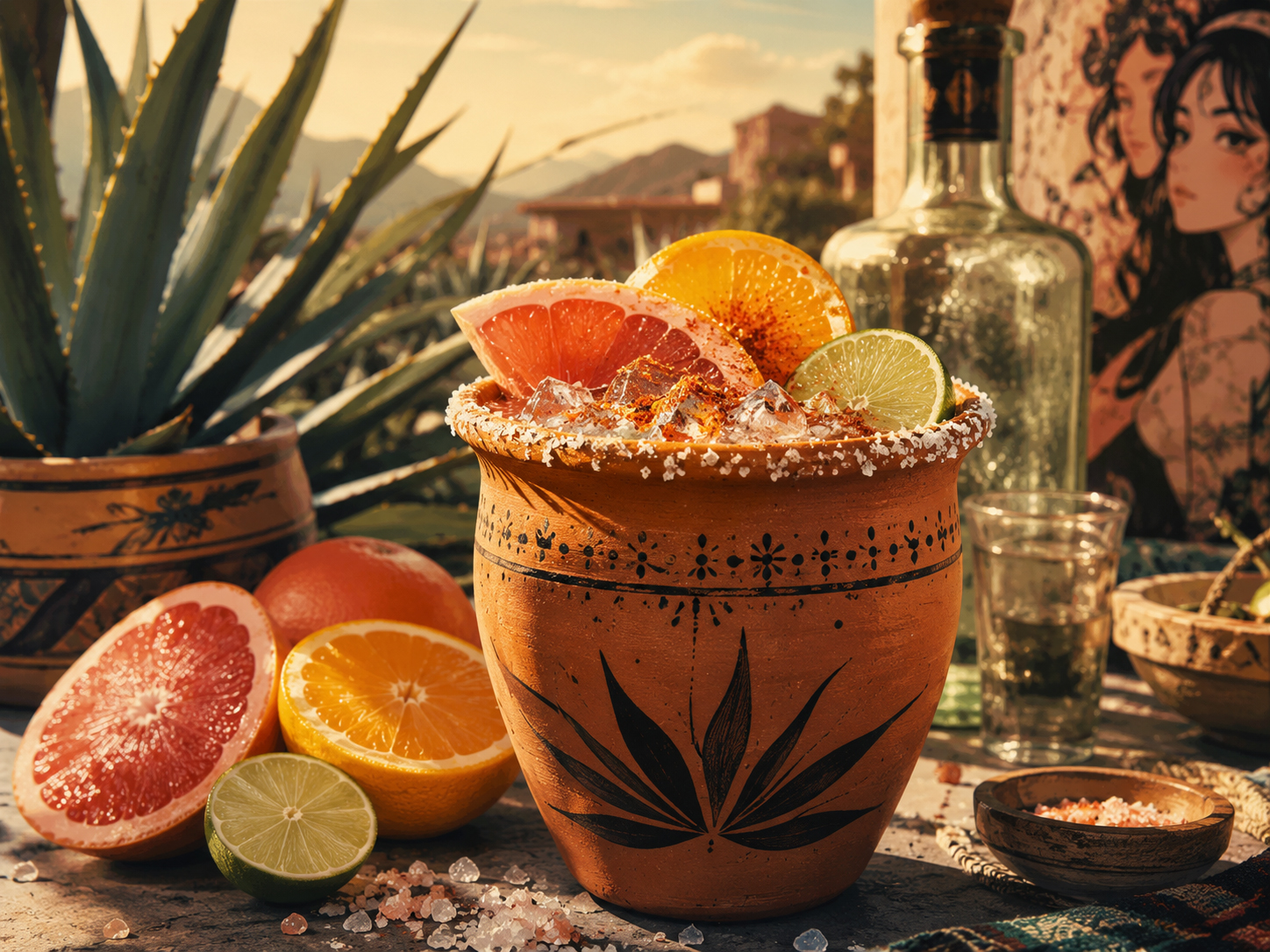 Drink #019 Mezcal Cantarito in a clay cup with grapefruit, orange, lime, salt, ice, mezcal bottle, agave, and warm patio light.