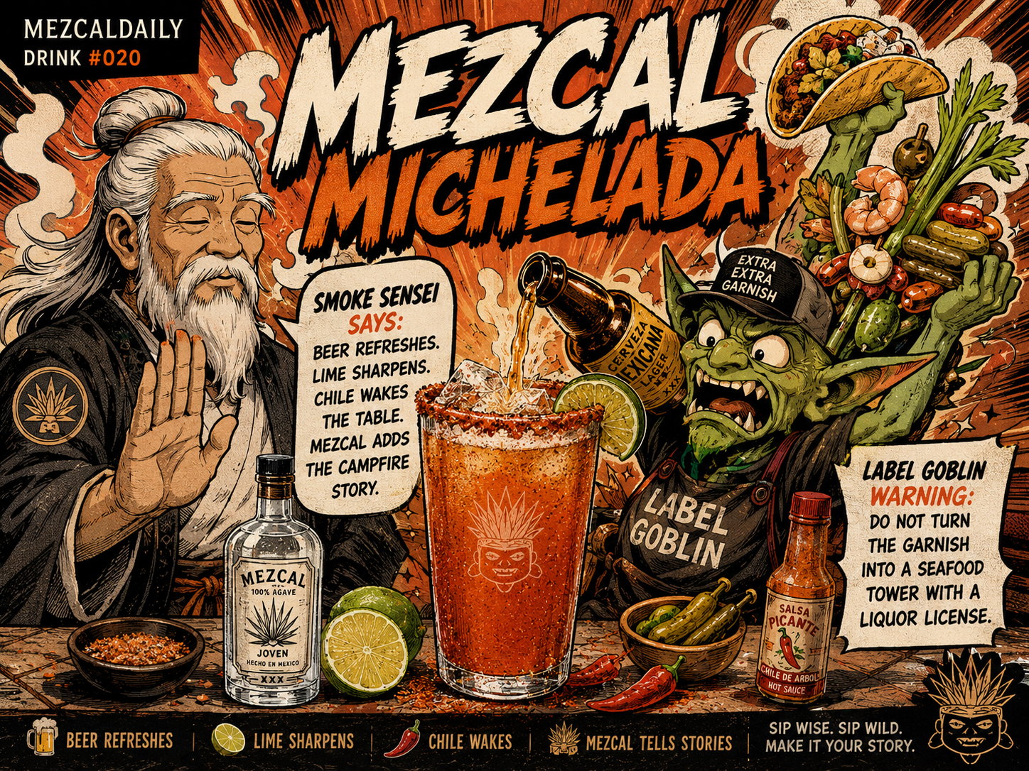 Manga-style Mezcal Michelada poster with Smoke Sensei blocking Label Goblin from building an excessive seafood tower garnish.