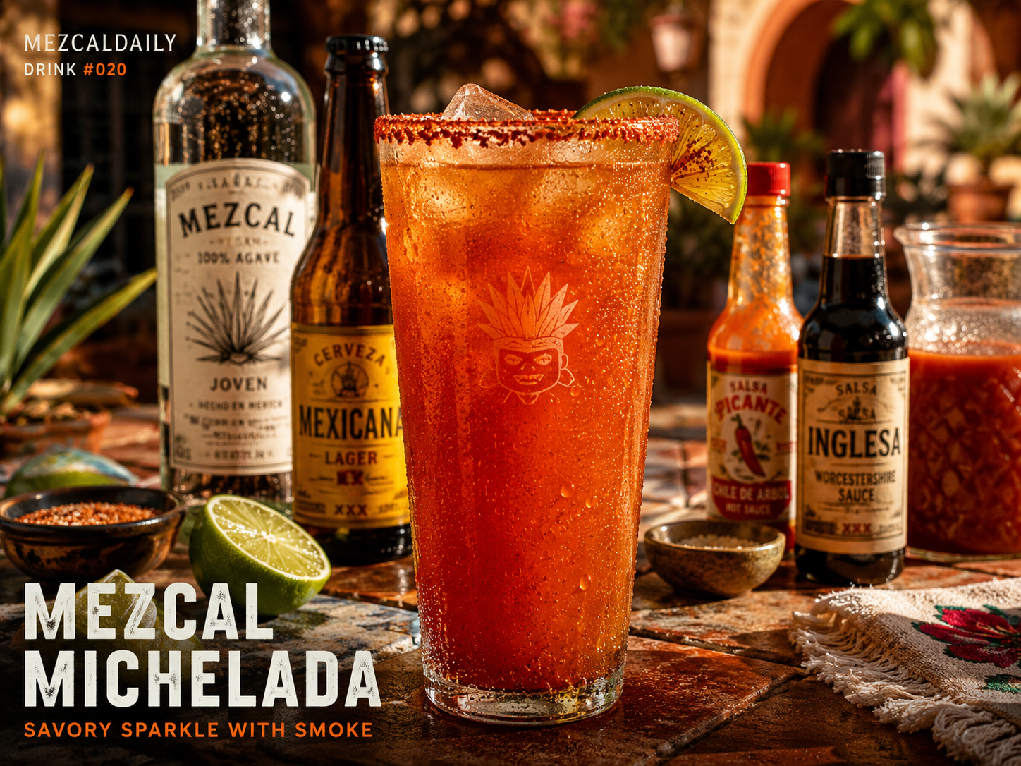 Drink #020 Mezcal Michelada in a tall chile-salt-rimmed glass with lime, lager, mezcal, hot sauce, Worcestershire sauce, tomato mix, and patio light.